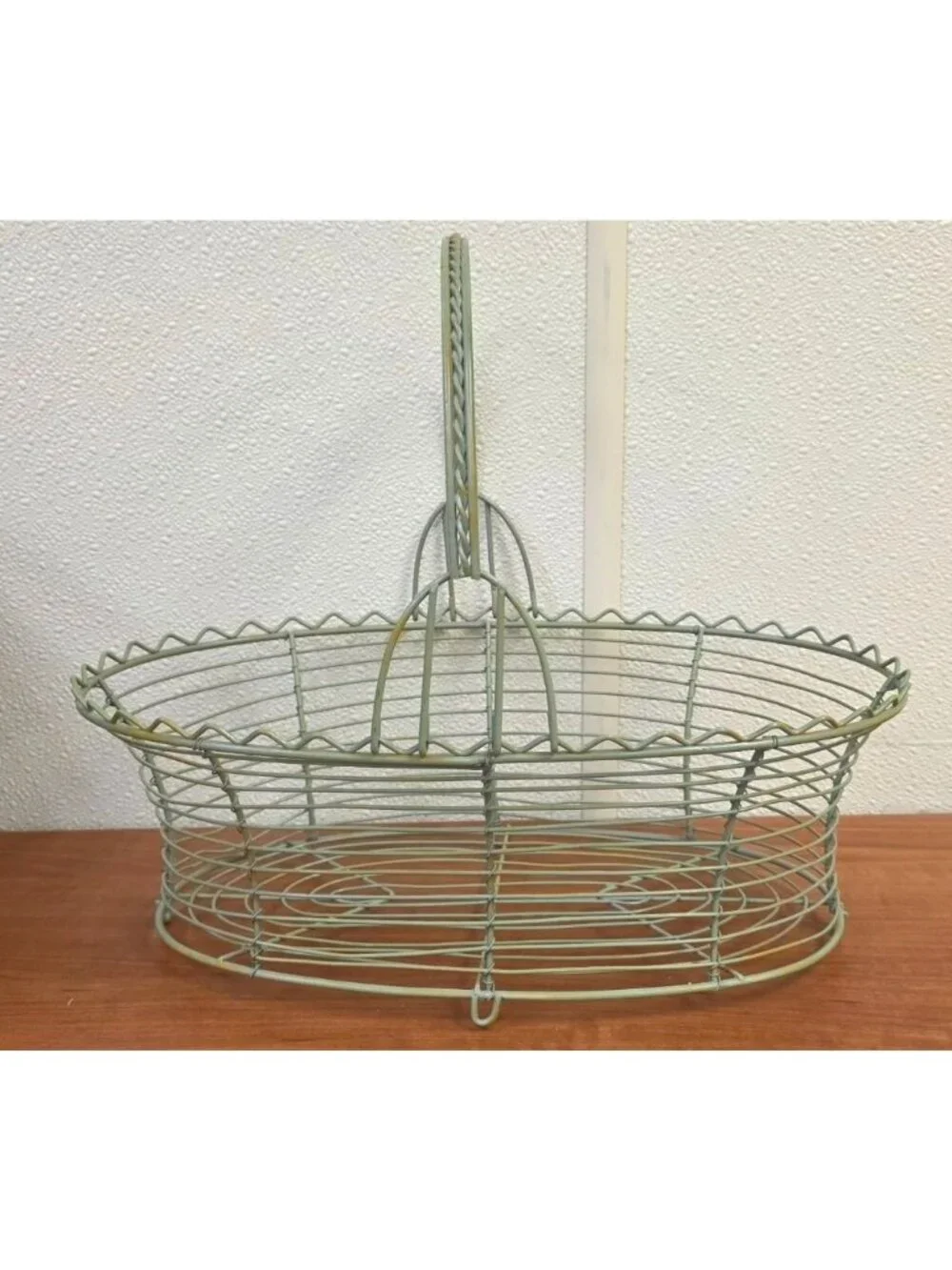Vintage Sage Green Wire Decorative Egg Basket w Handle 12